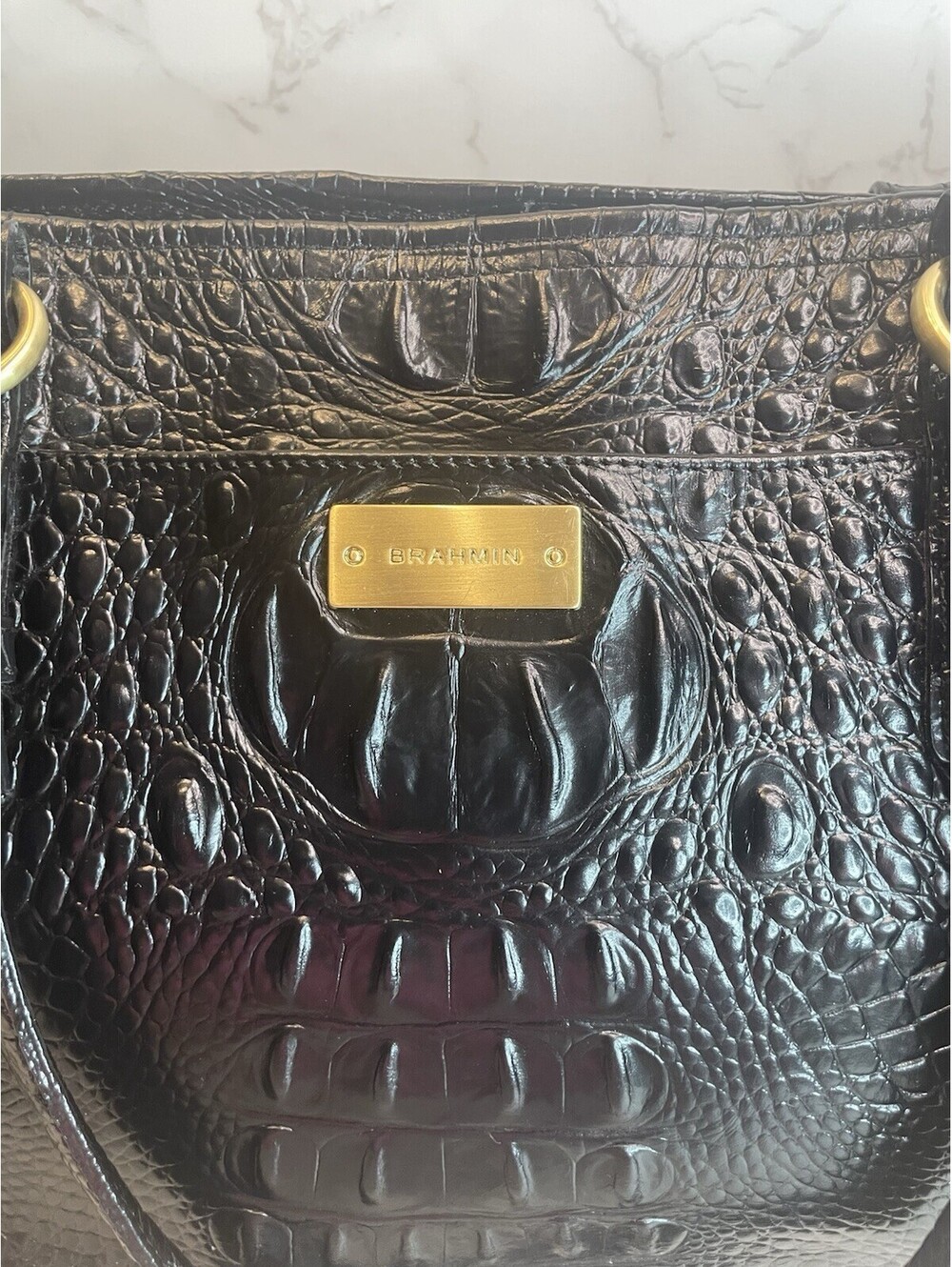 BRAHMIN Black Croc Embossed Melbourne Leather Shoulder Bag Gold Tone Hardware - Picture 3 of 11